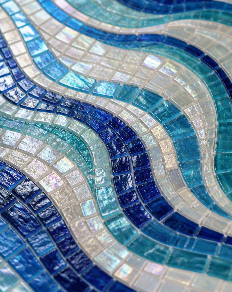 Close-up of iridescent blue wave mosaic tile pattern