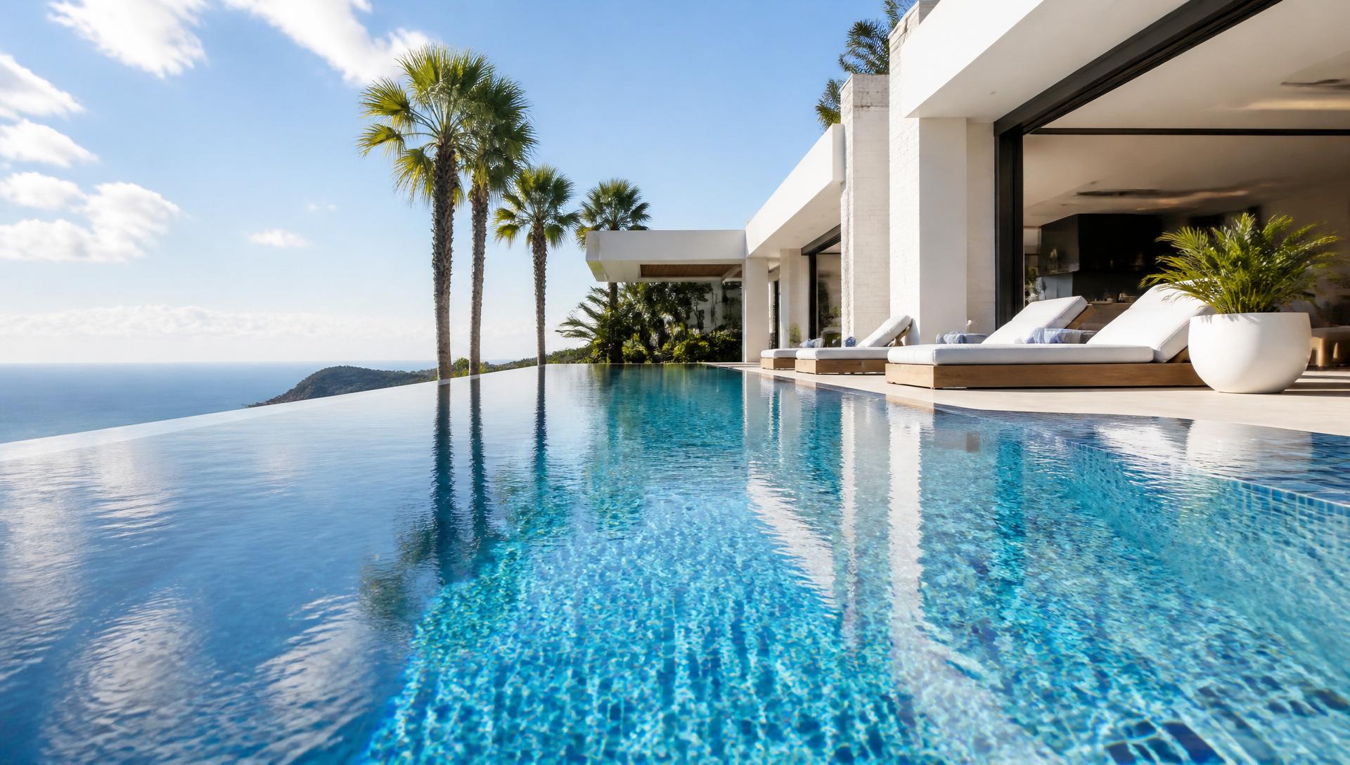 Infinity pool lined with shimmering blue mosaic tiles overlooking the ocean